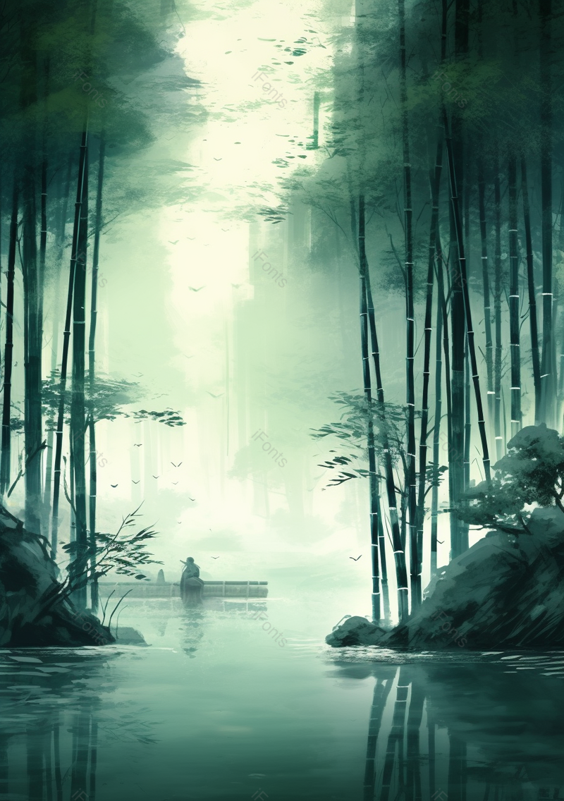 水彩画昏暗的深林中一片绿色的竹子竹林竹叶小溪湖泊流水背景雾气弥漫插画,插画/手绘图,插画/手绘图库,插画/手绘图下载,插画/手绘